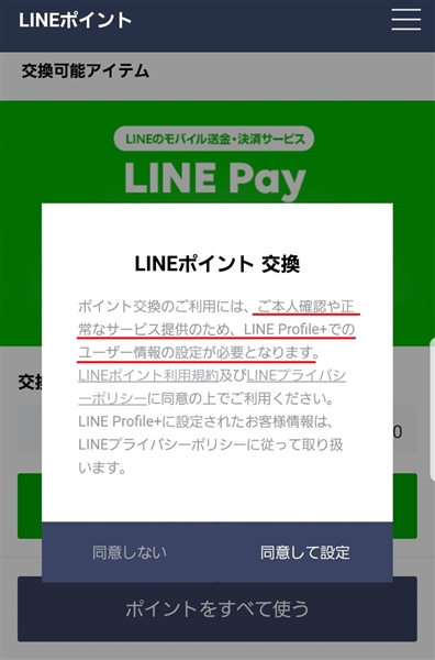 LINEPayの同意して設定をタップ